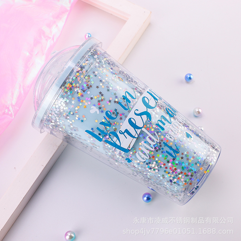Estrella Glitter push cubierta taza de paja de plástico doble como rosa brillante taza de agua 450mL Navidad taza de muñeca creativa S taza