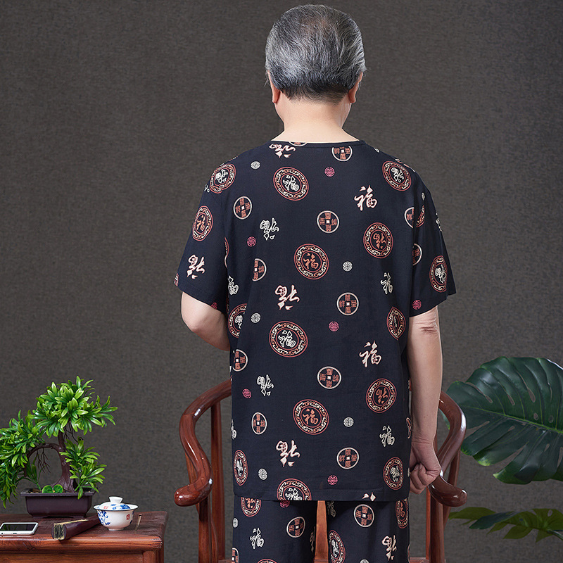 Summer Middle-aged and Elderly Men's Cotton Silk Pajamas Dad's Clothes Cotton Silk Home Clothes Grandpa Artificial Cotton Cardigan Set