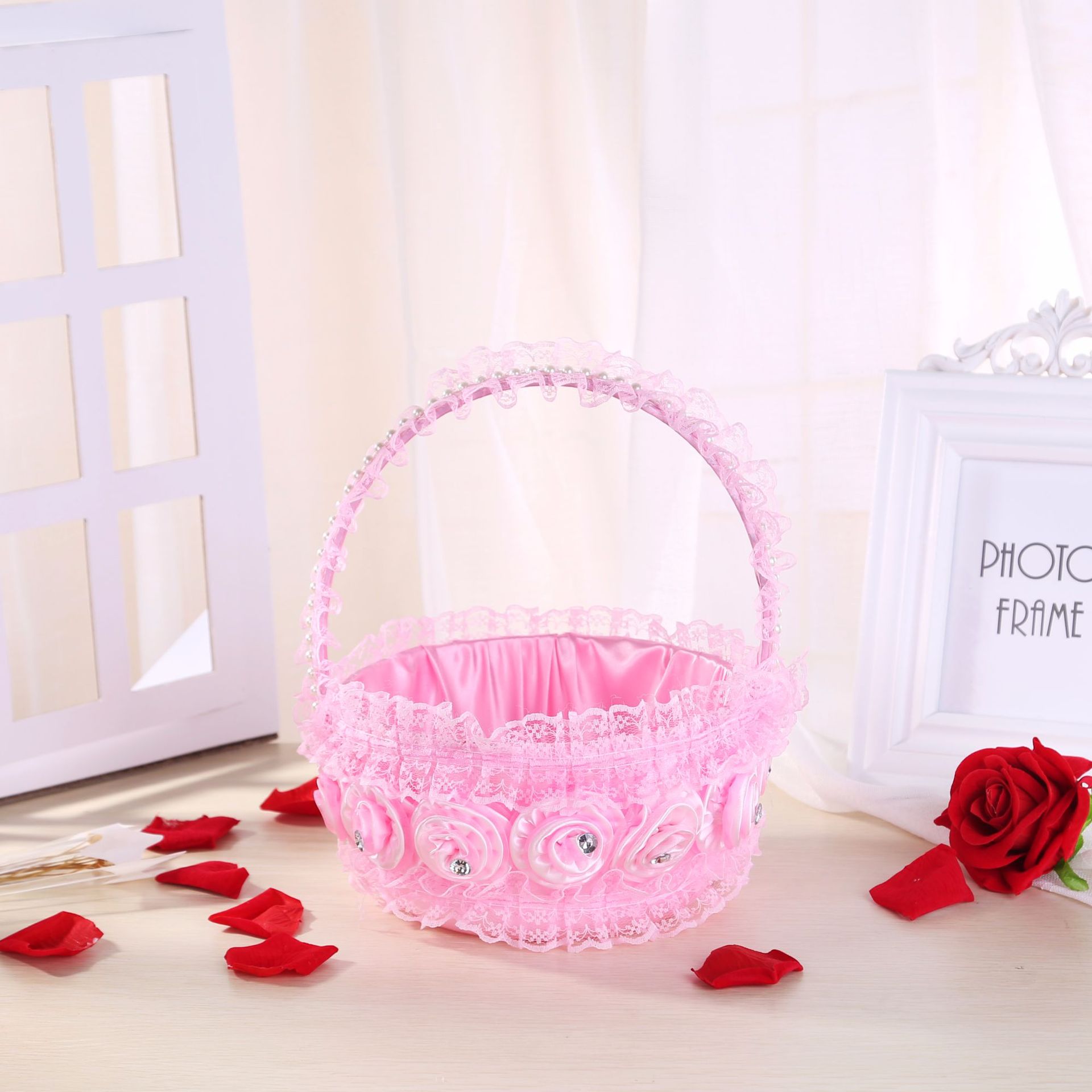 Creativo rhinestone encaje flor cesta regalo dama de honor flor niña pétalo mano cesta boda suministros boda al por mayor