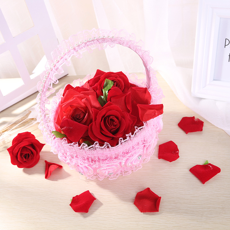Creativo rhinestone encaje flor cesta regalo dama de honor flor niña pétalo mano cesta boda suministros boda al por mayor