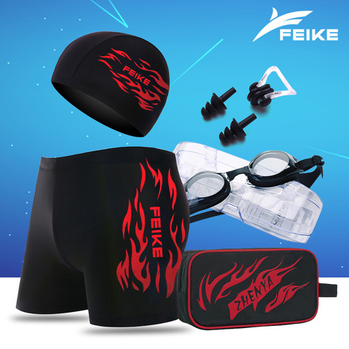 Men's swimming trunks for hot spring boxers, comfortable large size adult quick-drying flame swimming trunks, swimming goggles, swimming cap, swimming suit
