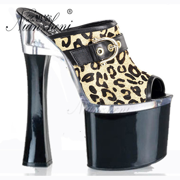 Europe and the United States 18cm super high heel thick bottom increased waterproof platform round head thick heel leopard print dinner party two wear sandals