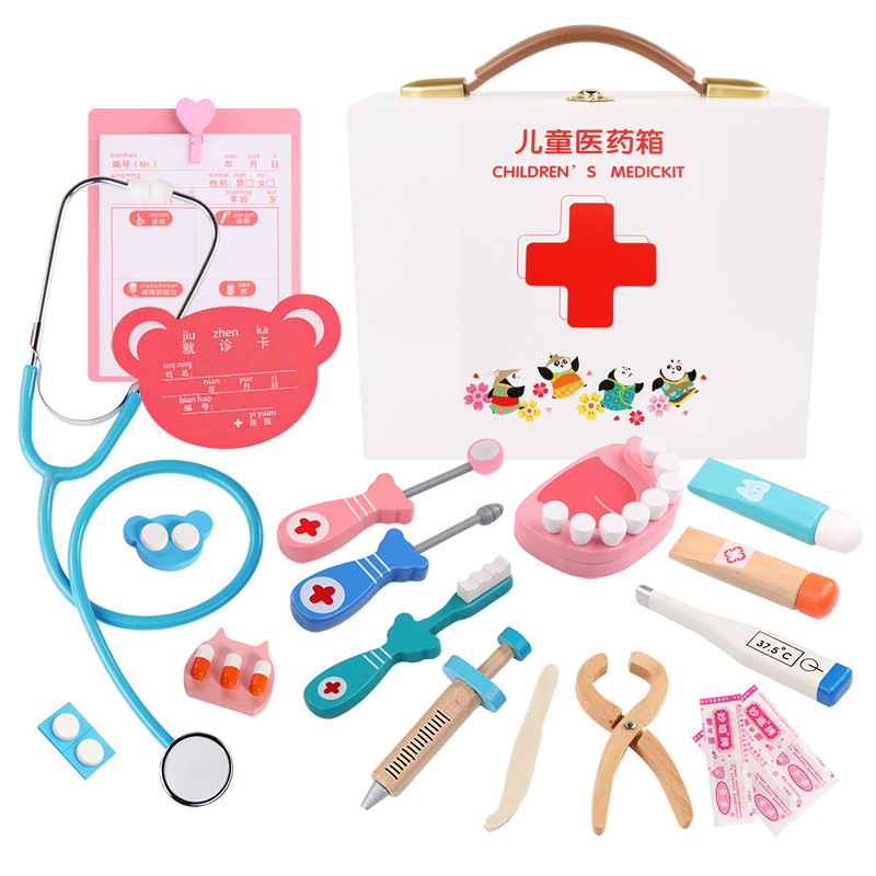 Productos de madera doctor niños juguetes de simulación jugar casa doctor enfermera inyección caja de madera almacenamiento caja de la medicina hombres y mujeres