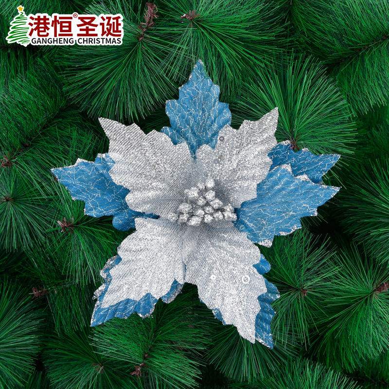 Amazon nueva plata azul de doble capa de Navidad Flor de Navidad árbol de Navidad simulación rama flor brillo decoraciones de flores