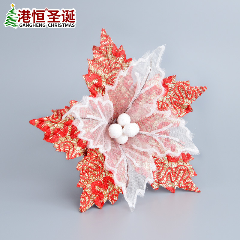 Artificial rojo y blanco Flor de Navidad flor falsa tela de malla flor artificial árbol de Navidad decoración colgante Flor de Navidad