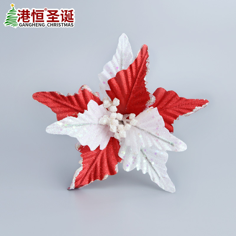Artificial rojo y blanco Flor de Navidad flor falsa tela de malla flor artificial árbol de Navidad decoración colgante Flor de Navidad