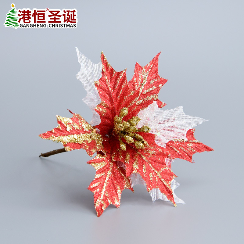 Artificial rojo y blanco Flor de Navidad flor falsa tela de malla flor artificial árbol de Navidad decoración colgante Flor de Navidad