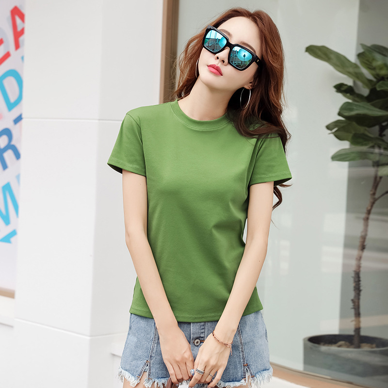232 Short-Sleeved T-Shirt Women's Bottoming Shirt Summer White Slim Round Neck Top with Matcha Green New Trbottomy