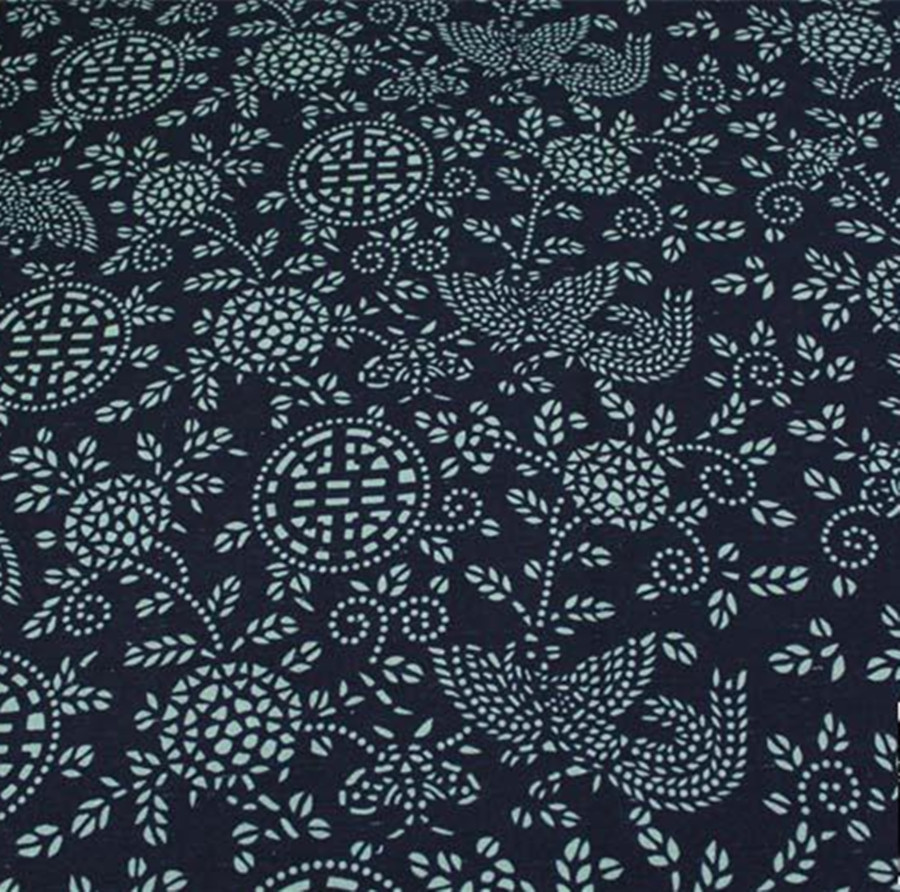 棉麻印花布料 龙凤戏珠大圈棉麻服装 背景桌布旗袍布料蓝印花布料