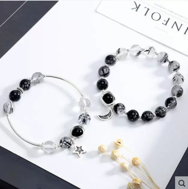 天然黑发晶情侣手链女合金男水晶本命年手镯闺蜜礼物 代发