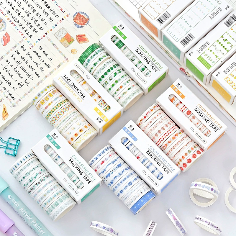 Washi Masking Tape Set, 8 mm, Rainbow Base Multi-Color Decorative Rolls