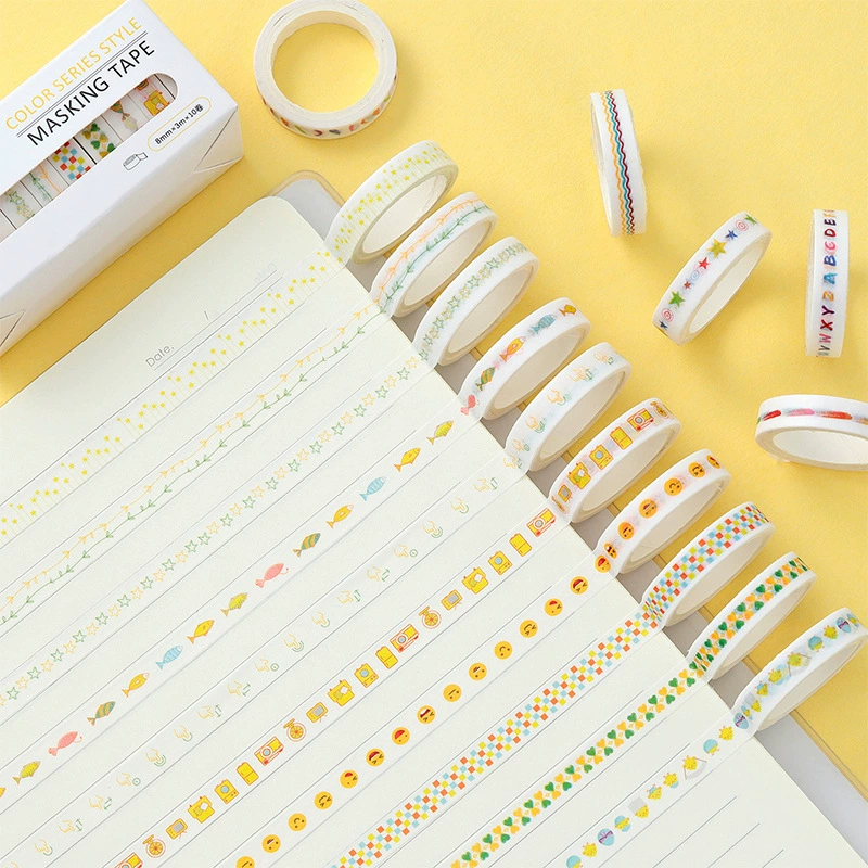 Washi Masking Tape Set, 8 mm, Rainbow Base Multi-Color Decorative Rolls