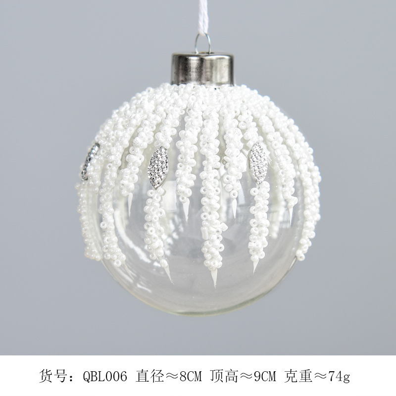 Bola de Navidad de cristal de 8 cm, transparente, para colgar, decoración navideña, bodas, perlas, lentejuelas, pintada, esmerilada