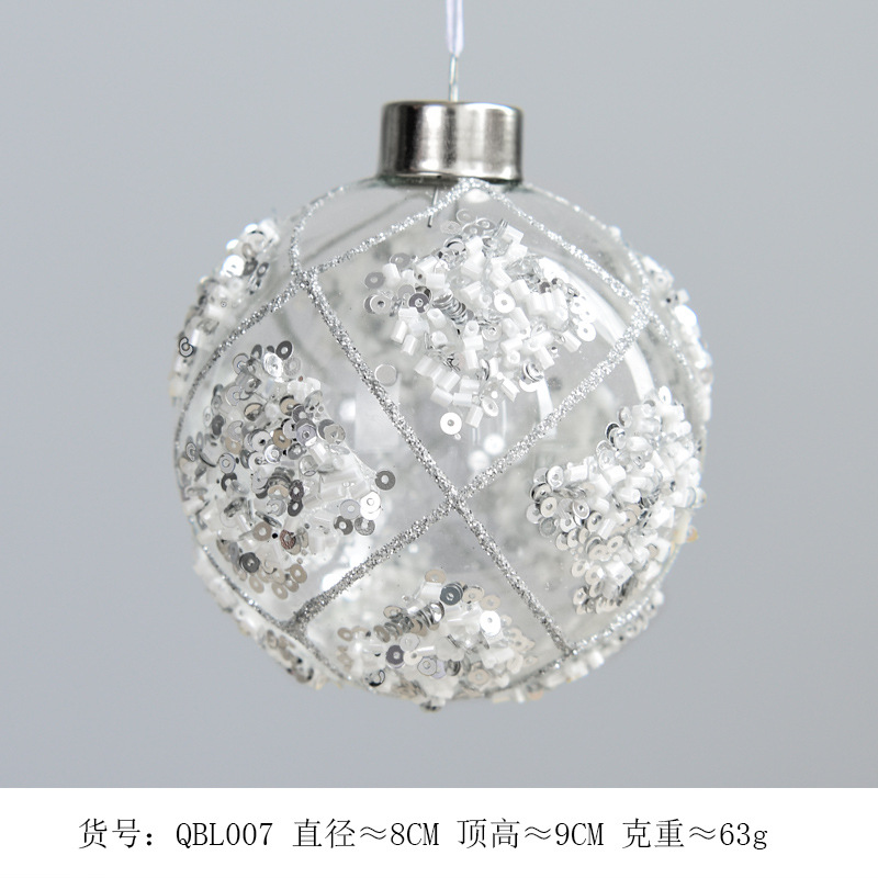 Bola de Navidad de cristal de 8 cm, transparente, para colgar, decoración navideña, bodas, perlas, lentejuelas, pintada, esmerilada
