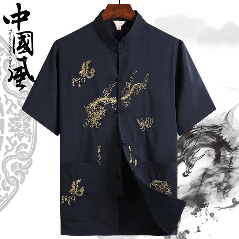 Tang-style short-sleeved men's summer clothing for middle-aged and elderly men, Chinese style, father's men's clothing, elderly men's summer shirt, Chinese Hanfu, grandfather's summer