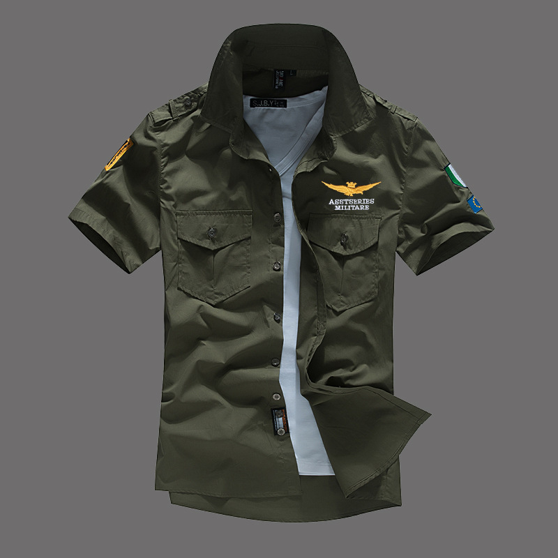 Camisa de manga corta para hombre de algodón N ° 1 de la Fuerza Aérea Transfronteriza camisa verde militar MA1 camisa bordada del ventilador del ejército camisa de media manga para hombre