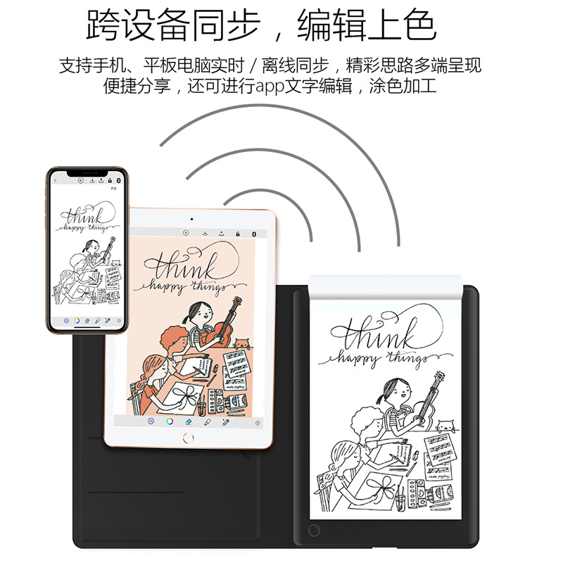 Cuaderno digital inteligente con sincronización a app móvil, pantalla de notas y dibujo a color, ideal para música y creatividad.