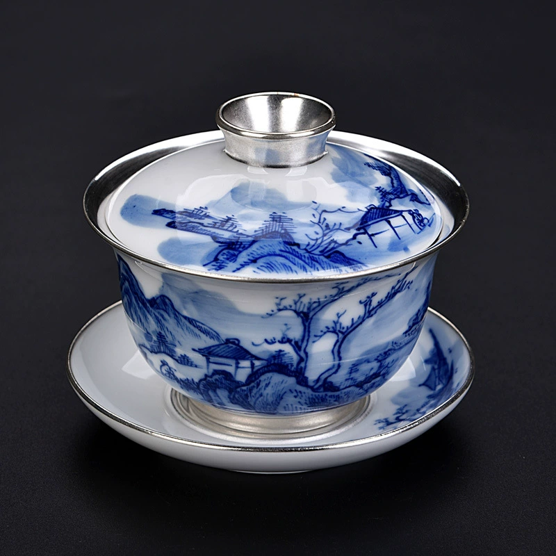 Tea set, blue and white big silver bracelet handmade, 925 sample silver, hand painting