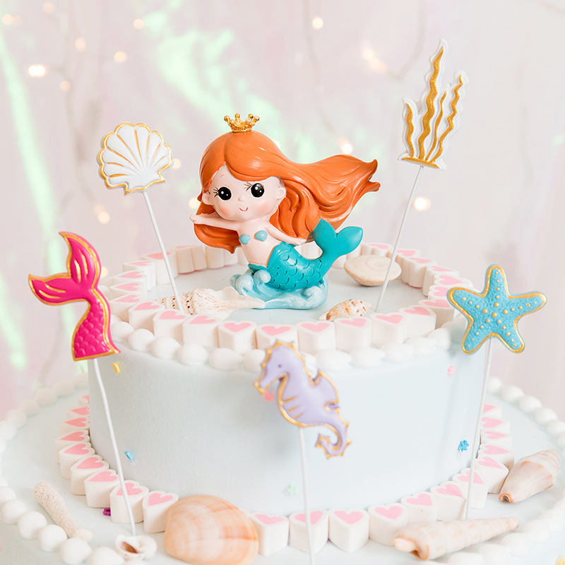 Creative resin crafts cartoon mermaid fishtail starfish seahorse shell birthday cake flag ornaments