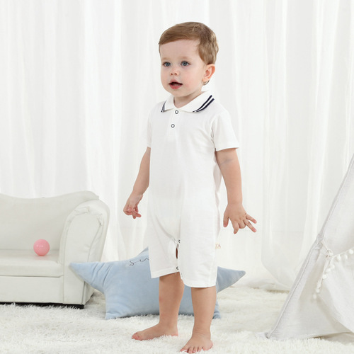 Newborn Baby Bodysuit Polo Collar Baby Clothes Summer Short Sleeve Thin Baby Clothes Solid Color Hati