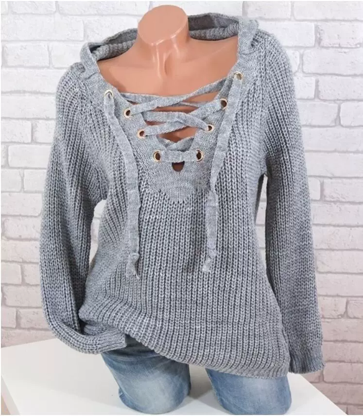 Demi-Season Knit Sweater (Women) Lace-Up V-Neck Hooded, Chunky Knit European Style