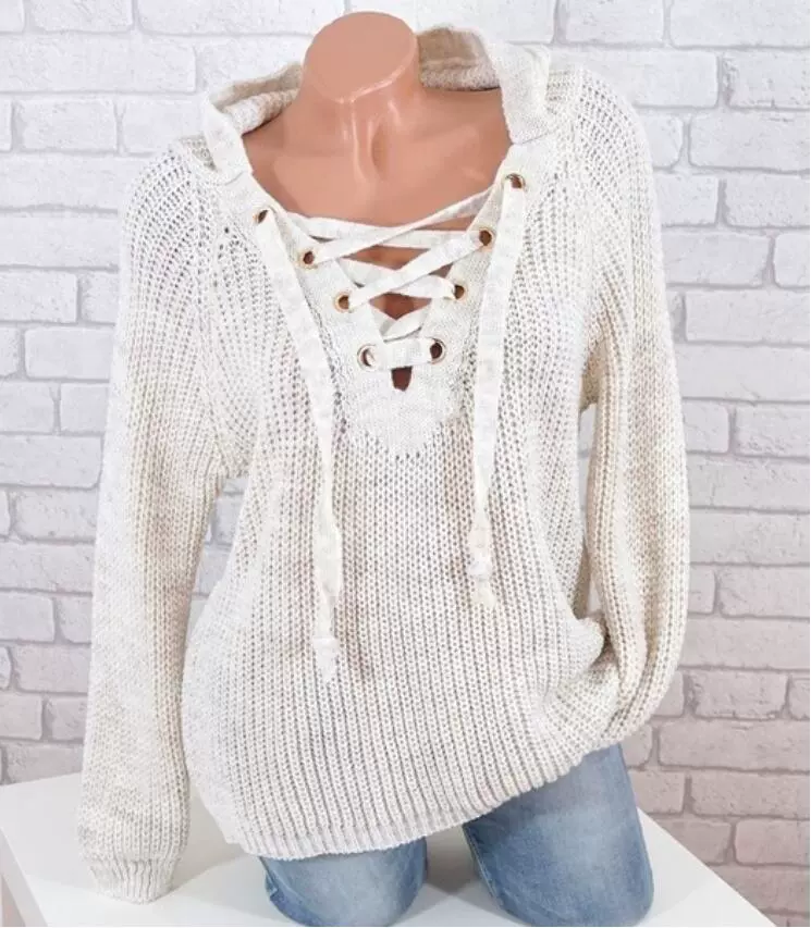 Demi-Season Knit Sweater (Women) Lace-Up V-Neck Hooded, Chunky Knit European Style