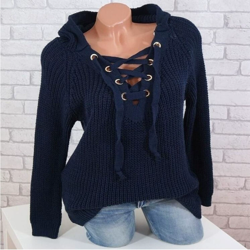 Demi-Season Knit Sweater (Women) Lace-Up V-Neck Hooded, Chunky Knit European Style