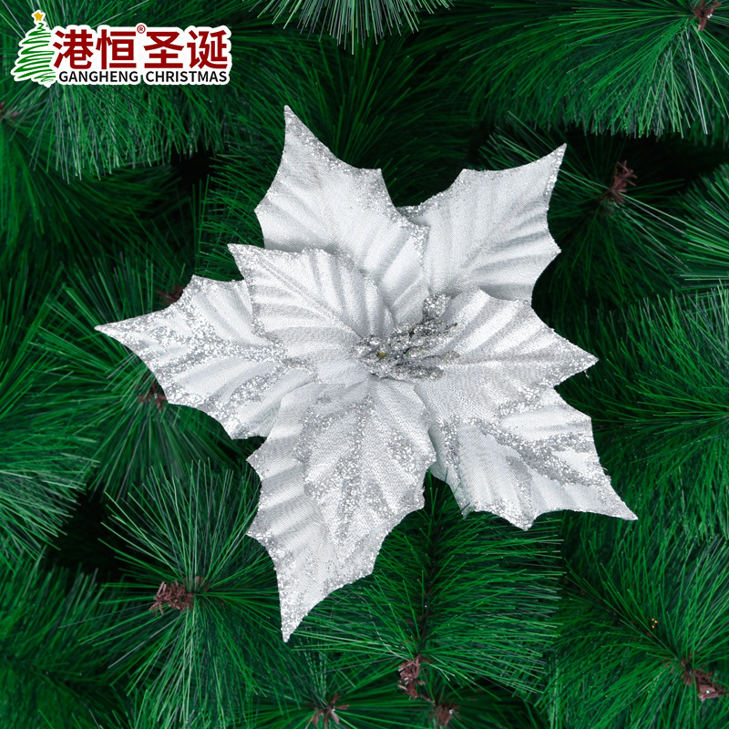 Flor navideña artificial plateada de 22 cm con polvo dorado, corona para árbol de Navidad, decoración floral, artículos navideños.
