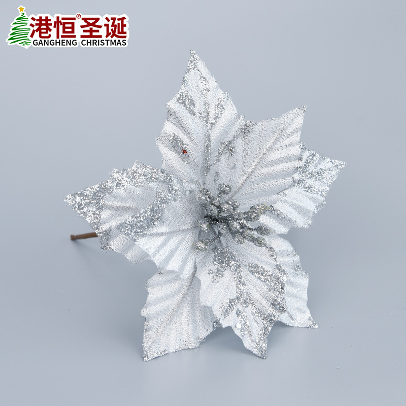 Flor navideña artificial plateada de 22 cm con polvo dorado, corona para árbol de Navidad, decoración floral, artículos navideños.