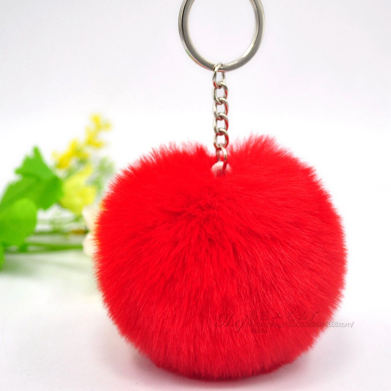 Merah terang / Rantai cincin datar + bola bulu 8cm