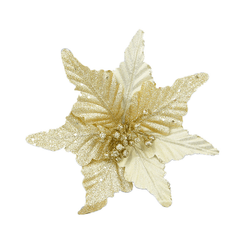 Flores navideñas hechas a mano con doble capa de polvo dorado simulado y esquinas puntiagudas, decoraciones navideñas, arreglos florales de tela navideña y adornos.