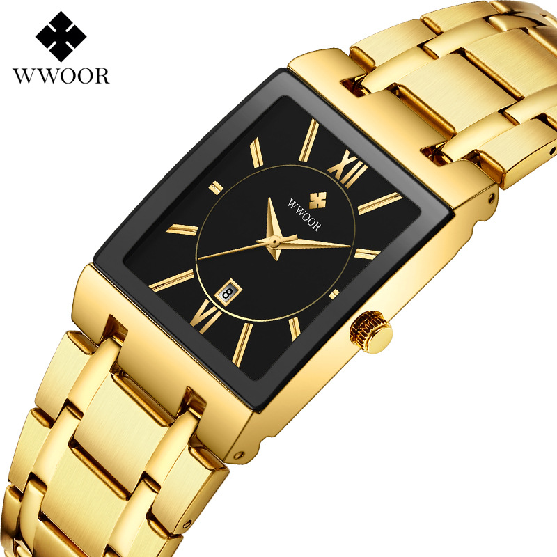 WWOOR Square Men's Casual Wristwatch Steel Band Quartz Watch Hand Date Electronic Watch Exquisite Small and 8858_voghion.com