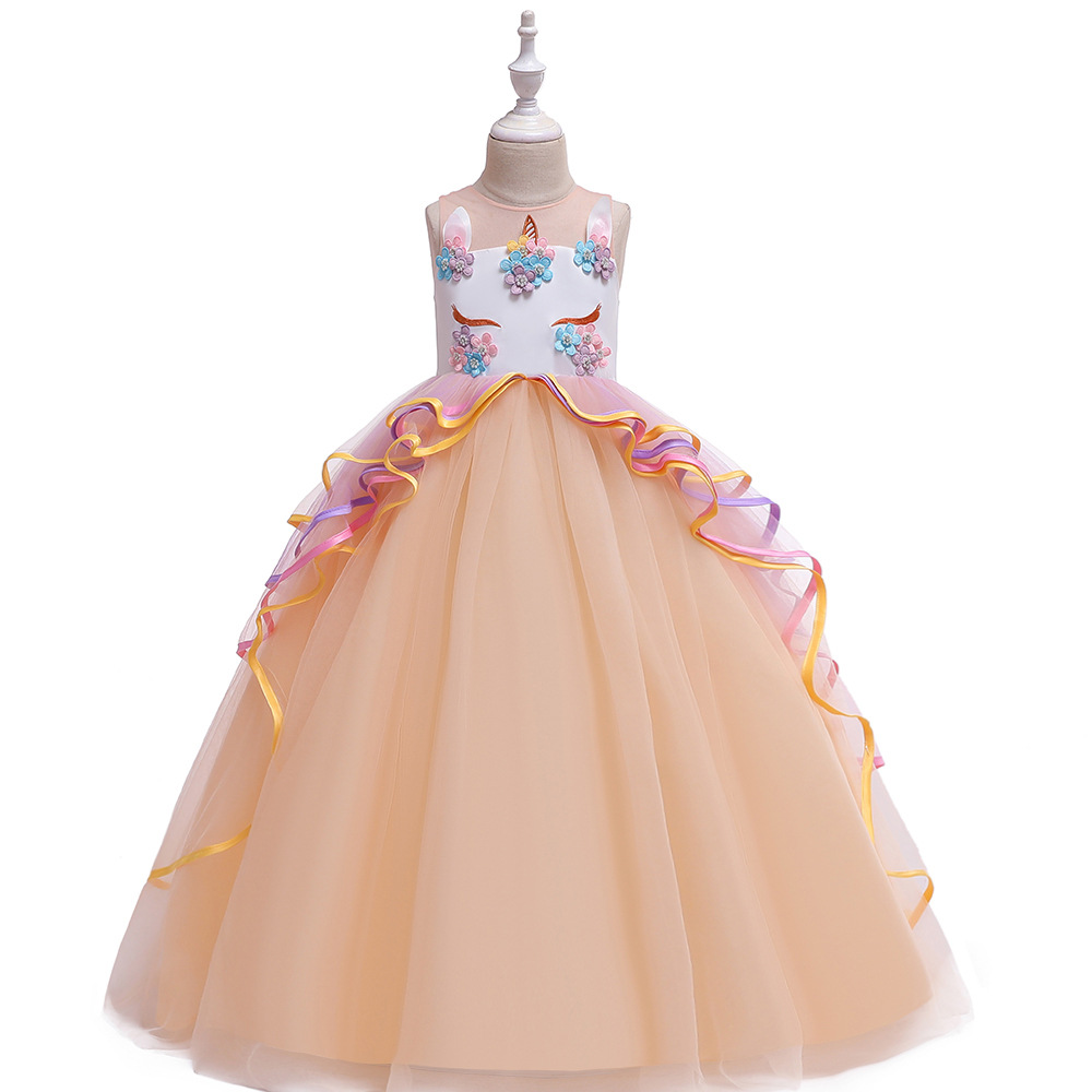 Long Dress for Older Children, Colorful Mesh Cake Tutu Skirt, Unicorn Princess Dress, Holiday Party Performance Dress
