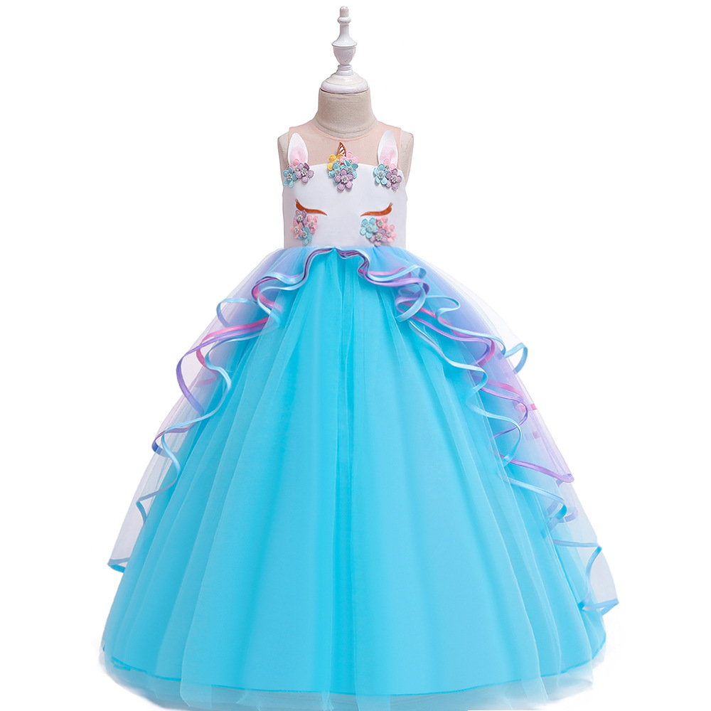 Long Dress for Older Children, Colorful Mesh Cake Tutu Skirt, Unicorn Princess Dress, Holiday Party Performance Dress