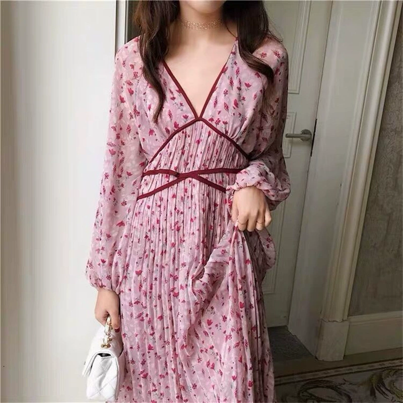Женское шифоновое платье с винтажным цветочным принтом, плиссированная юбка средней длины с узкой талией и V-образным вырезом, Новинка лета 2019
