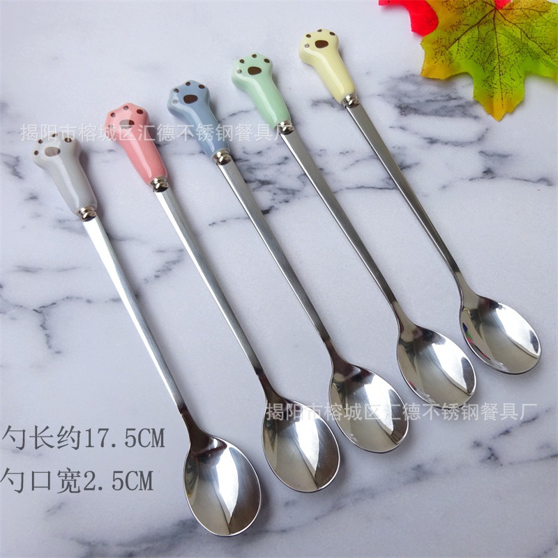 糖果色陶瓷不锈钢勺子 猫爪儿童陶瓷咖啡搅拌勺冰勺批发