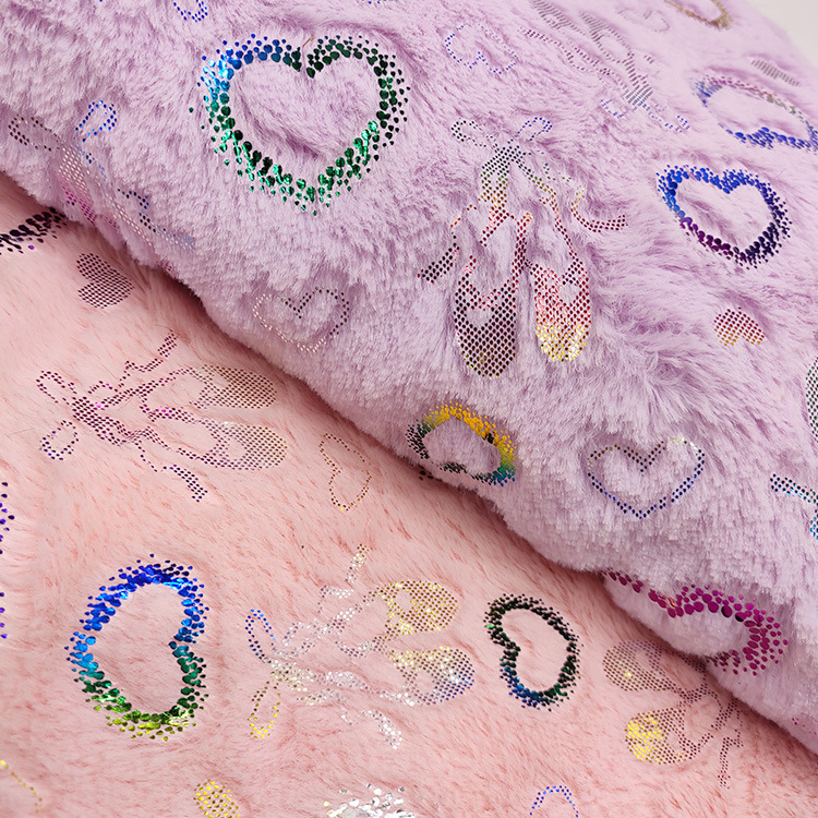 pv绒烫金针织绒布 小兔绒彩色膜烫金小桃心超柔长毛绒布 家纺面料