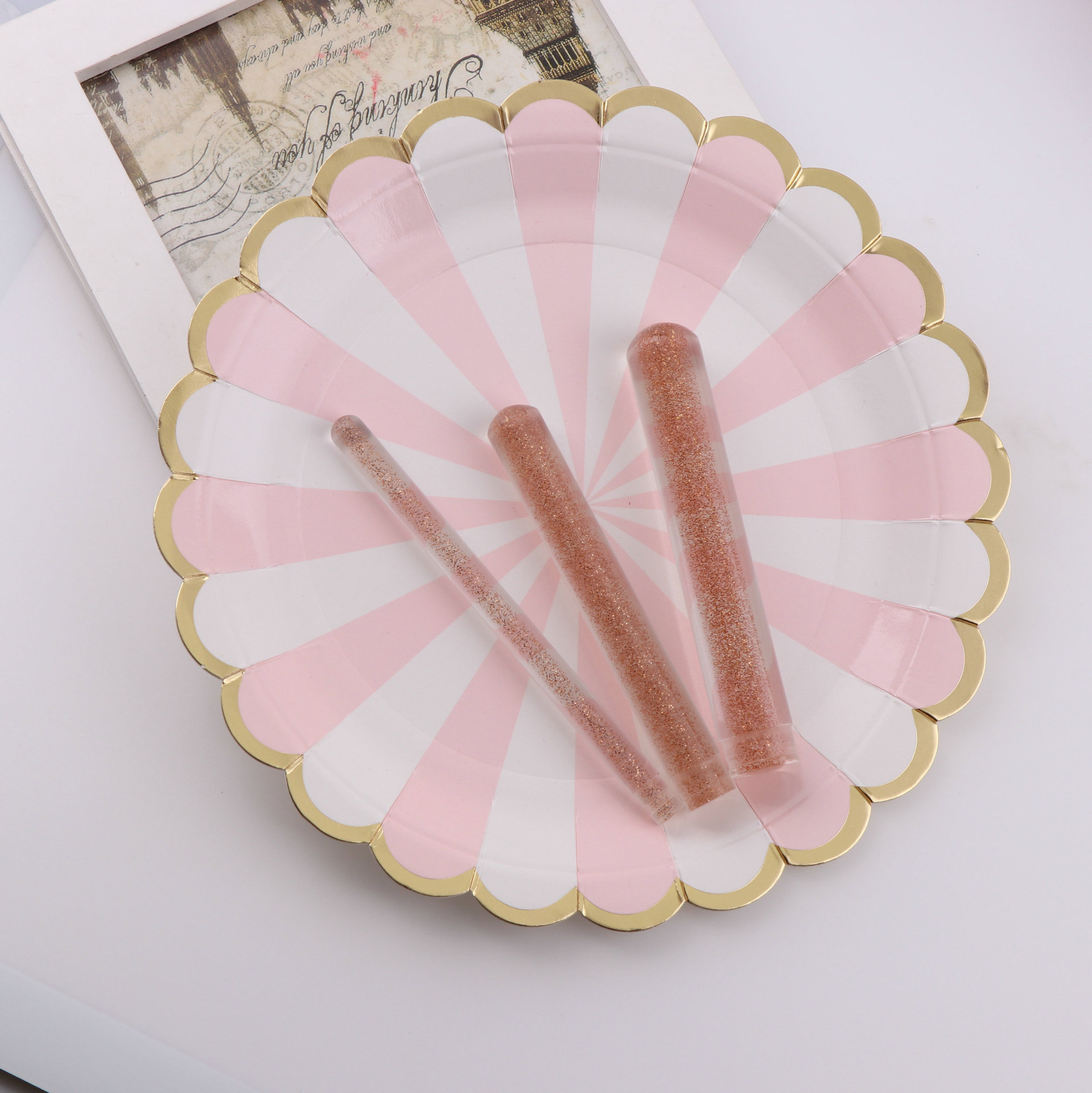 亚克力化妆刷手柄 透明玫瑰金闪粉化妆刷线条刷柄