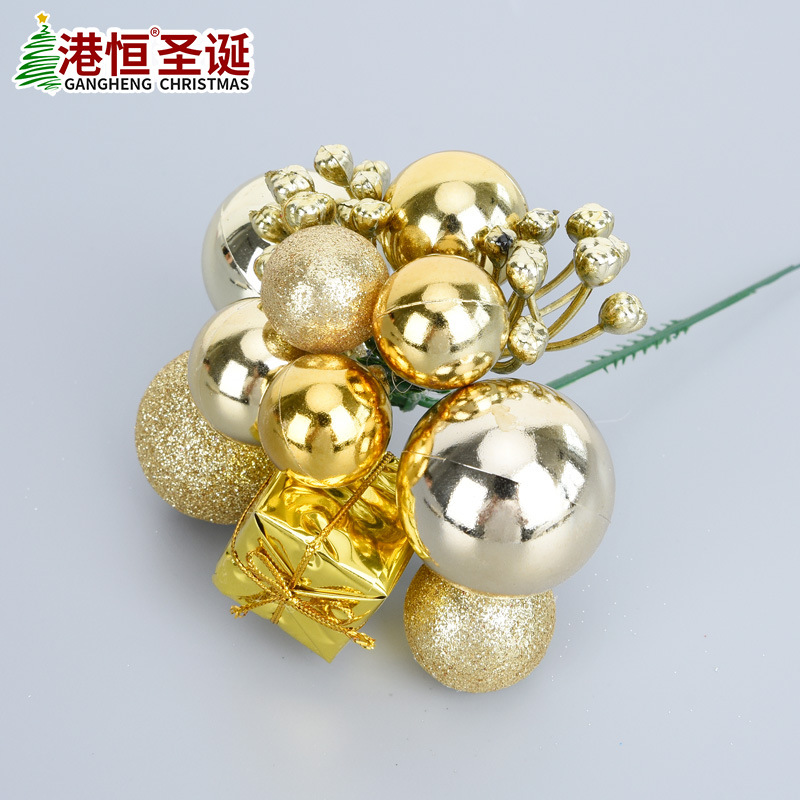 Arreglo de ramas navideñas de plástico dorado con brillantina de 20 cm, conjunto de bolas navideñas, decoración de frutas, adornos colgantes de piñas, venta al por mayor.
