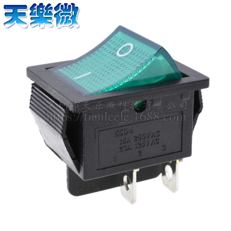 KCD4船型开关 电焊机取暖器开关大电流20A船形开关绿色带灯4脚2档