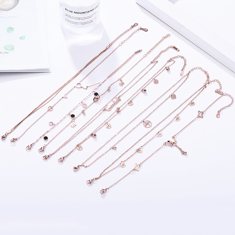 New Korean style titanium steel rose gold anklet women's simple double-layer geometric student anklet small jewelry wholesale