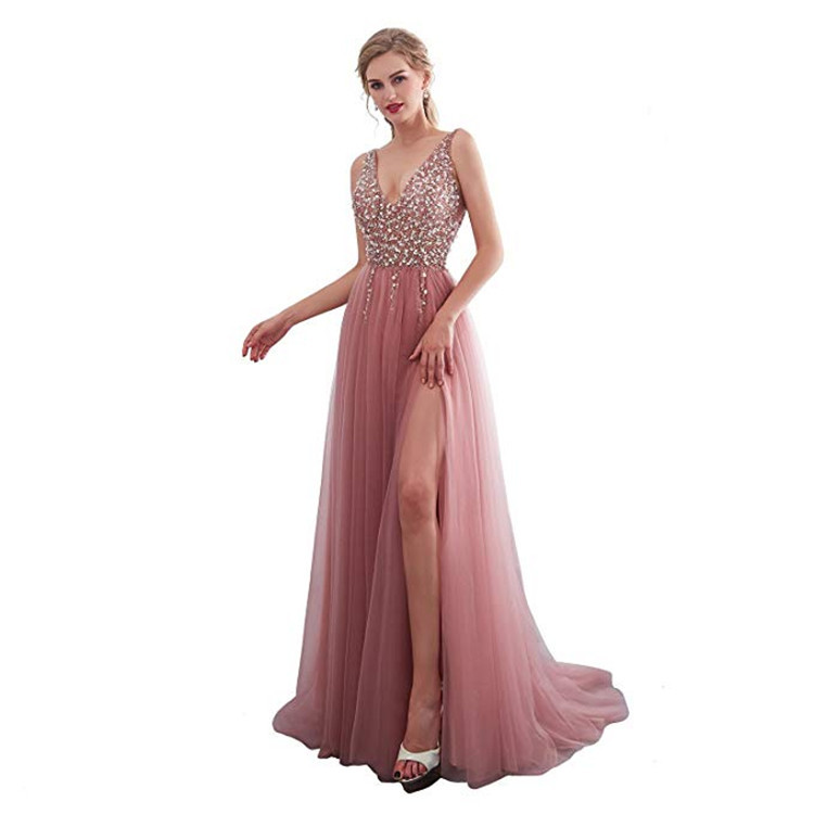 Vestido largo de noche con lentejuelas, abertura, escote en V pronunciado y espalda descubierta, estilo celebridad, de la nueva colección europea y americana de Amazon para mujer, 2025.