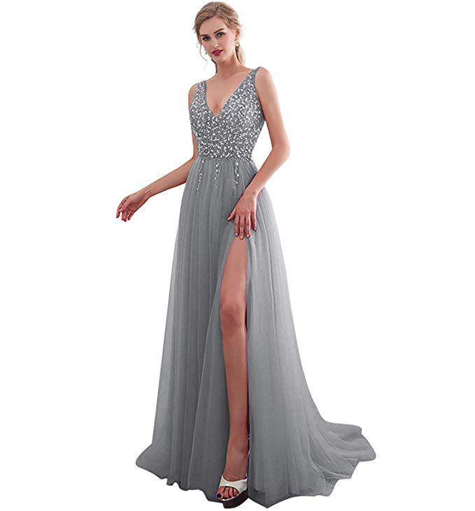 Vestido largo de noche con lentejuelas, abertura, escote en V pronunciado y espalda descubierta, estilo celebridad, de la nueva colección europea y americana de Amazon para mujer, 2025.