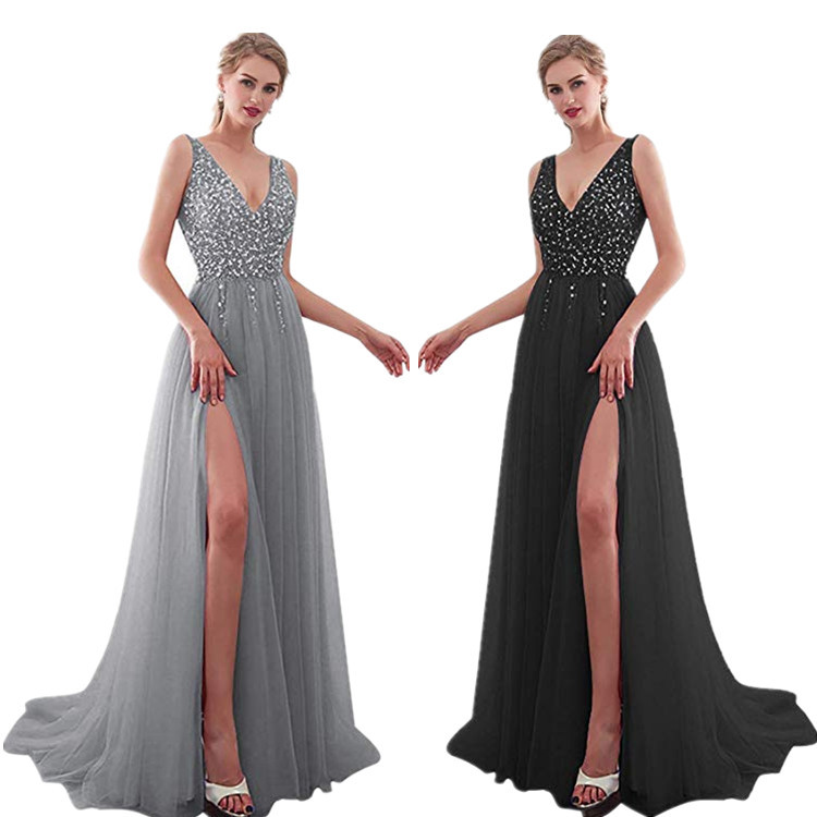 Vestido largo de noche con lentejuelas, abertura, escote en V pronunciado y espalda descubierta, estilo celebridad, de la nueva colección europea y americana de Amazon para mujer, 2025.