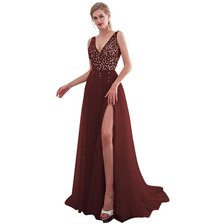 Vestido largo de noche con lentejuelas, abertura, escote en V pronunciado y espalda descubierta, estilo celebridad, de la nueva colección europea y americana de Amazon para mujer, 2025.