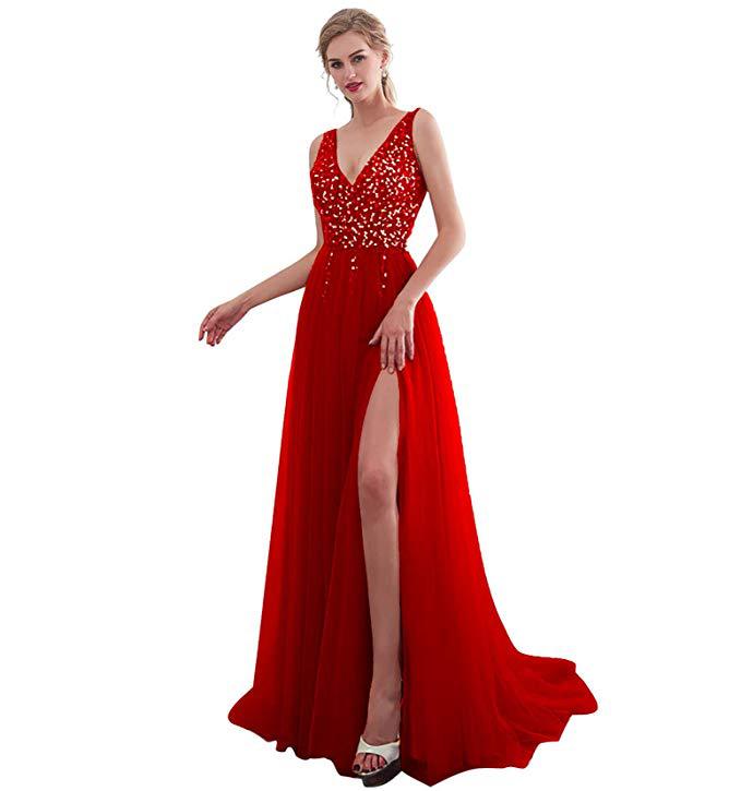 Vestido largo de noche con lentejuelas, abertura, escote en V pronunciado y espalda descubierta, estilo celebridad, de la nueva colección europea y americana de Amazon para mujer, 2025.
