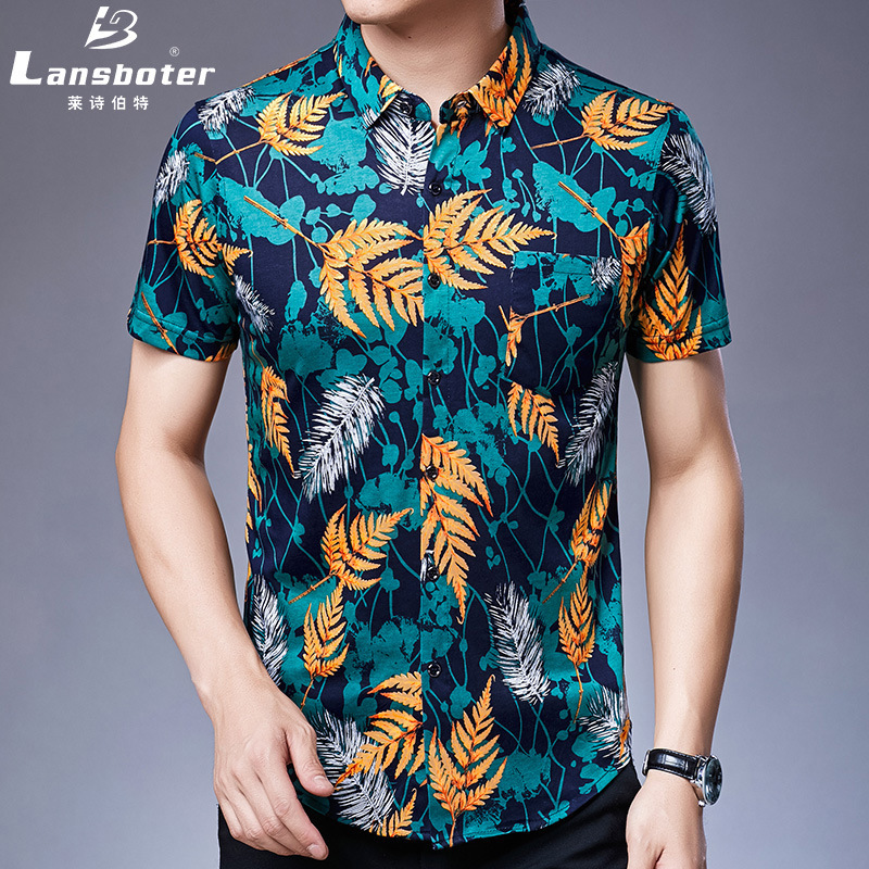 Broken Code Special Price Men's Summer New Double Mercerized Cotton Men's Short-Sleeved Shirt Youth Slim Men's Printed Shirt Trendy