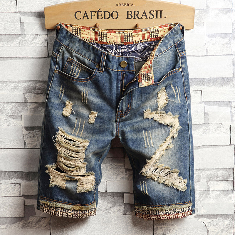 Aliexpress Summer Ripped Denim Shorts Men's Five-Quarter Pants Straight Mid-Pants Street Trendy Frayed Beggar Horse Pants