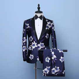 2025新款潮流西装韩版修身男士花色套装青年宴会走秀演出演出服