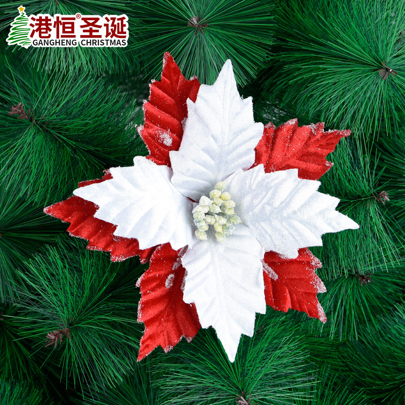 Artificial rojo y blanco Flor de Navidad flor falsa tela de malla flor artificial árbol de Navidad decoración colgante Flor de Navidad